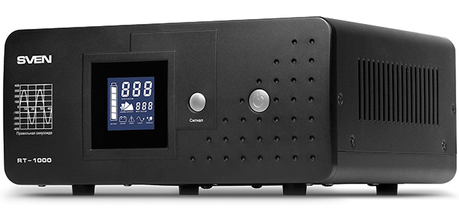 UPS SVEN RT-1000 line interactive continuous long-time backup, automatic voltage regulator, 600W, 1000VA, 2 outlets, batteries not included, 300mm x 270mm x 140mm, 9.9 kg