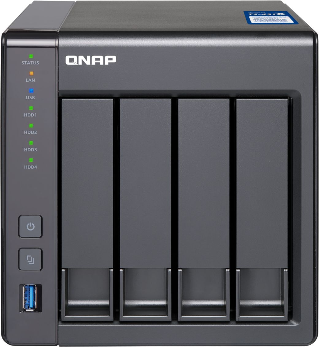 SMB QNAP TS-431X2-8G NAS 4 HDD trays, 10 GbE SFP+. ARM 4-core Cortex-A15 Annapurna Labs AL-314 1,7 GHz, 8 GB