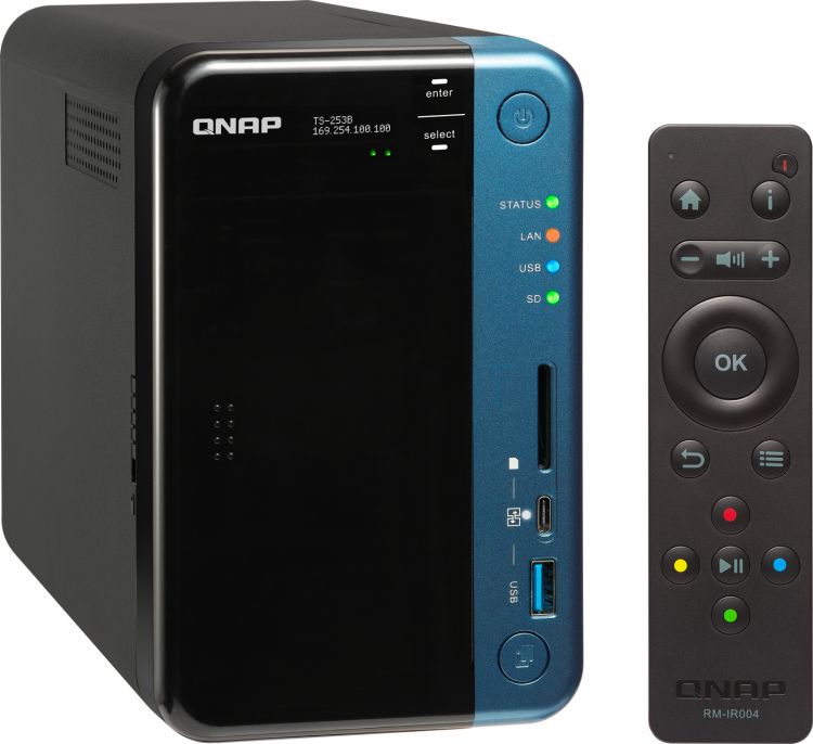 QNAP TS-253B-4G NAS, 2-tray w/o HDD. 2xHDMI-port. Quadcore Celeron J3455 1.5-2.3 GHz, 4GB DDR3L (2 x 2GB) up to 8GB, 2xGigabit LAN, Optional 10 Gigabit LAN