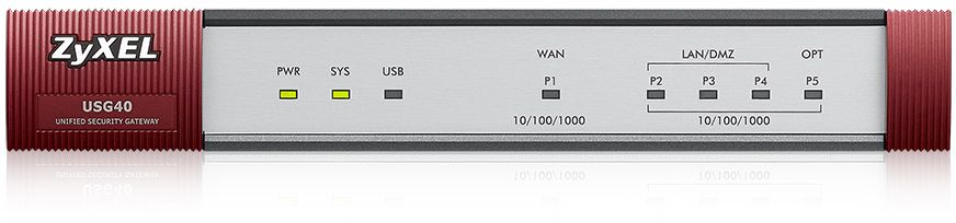 Межсетевой экран Zyxel USG40 (USG40-RU0102F) 10/100/1000BASE-TX компл.:набор подписок на 1 год AS/AV/CF/IDP серебристый