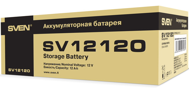 Battery SVEN SV 12120 (12V 12Ah), 12V voltage, 12A*h capacity, max. discharging rate of 180A, max. charging rate 3.6A, the type of lead-acid AGM, type lead terminal F2