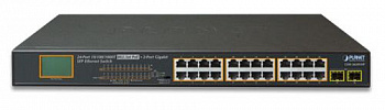 PLANET 24-Port 10/100/1000T 802.3at PoE + 2-Port 1000SX SFP Gigabit Switch with LCD PoE Monitor (300W PoE Budget, Standard/VLAN/Extend mode)
