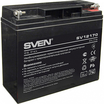 Батарея SVEN SV 12170 (12V 17Ah), напряжение 12В, емкость 17А*ч, макс. ток разряда 225А, макс. ток заряда 5.1А, свинцово-кислотная типа AGM, тип клемм T1